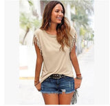Big size round neck short sleeve cuffs tassel T-shirt