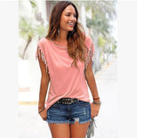 Big size round neck short sleeve cuffs tassel T-shirt