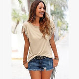 Big size round neck short sleeve cuffs tassel T-shirt
