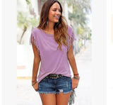 Big size round neck short sleeve cuffs tassel T-shirt
