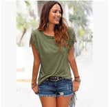 Big size round neck short sleeve cuffs tassel T-shirt