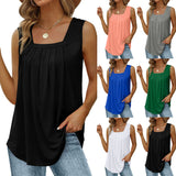 Loose Fit Pleated Square Neck Sleeveless Tops