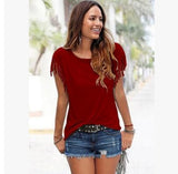 Big size round neck short sleeve cuffs tassel T-shirt
