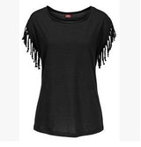 Big size round neck short sleeve cuffs tassel T-shirt